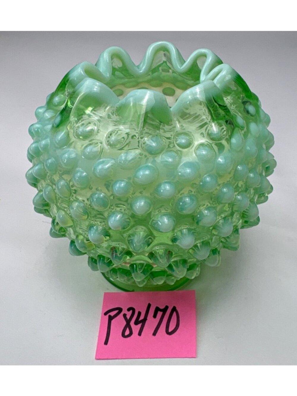 Fenton Green Opalescent Hobnail Vase Ruffled Edge Vintage Elegant Collectible De - Picture 9 of 11